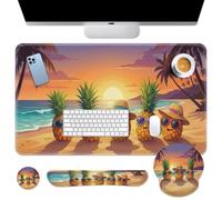 Britimes Summer Pineapple Keyboard Mouse Pad Set Funny Tropical Coastal 4in1 Large Mousepad+Keyboard Wrist Rest+Mouse Wrist Rest+Coaster Ergonomic Design for Home Office Computer 35.4x15.7 inches