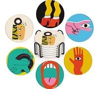 Britimes Table Coaster for Drinks Set of 6, Cute Funny Vintage Music Retro Geometric Coffee Absorbent Round Ceramic Stone Mat, with Cork Base and Metal Holder, Gift for Housewarming Room Bar Decor
