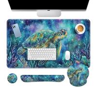 Britimes Turtle Galaxy Ocean Keyboard Mouse Pad Set Watercolor Coral 4in1 Large Mousepad+Keyboard Wrist Rest+Mouse Wrist Rest+Coaster Ergonomic Design for Home Office Computer 35.4x15.7 inches