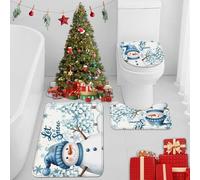 Britimes Winter Blue Cute Snowman Bathroom Rug Set of 3 Pine Tree Snowflakes 3 Pieces Bath Mats Set No Silp Washable Cover Floor Rug Decorations for Kitchen Bathroom Bedroom