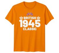 British 1945 Classic Union Jack T-Shirt | 80th Birthday Gift Idea | Keepsake Present for 80 Year Old | Vintage Party Outfit Celebration Tee Men & Women 4XL Orange