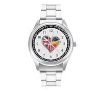 British and German Flag Heart Quartz Watch Stainless Steel Wrist Watches for Men Women Easy to Read