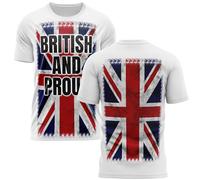 British and Proud T Shirt Union Jack Front and Back Print Patriotic England Tee Top Sports Gift for Men, l, White