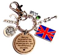 British Army Personalised Keychain, 'May You Be Proud' Message, Union Jack Flag with Birthstone, Initials and Saint Michael Charm, Passing Out, Graduation in a Velvet Gift Bag