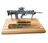British Army SA80 L85A1 Miniature Desk Display, Fine English Pewter, Solid Oak Plinth, with Engraved Plaque and Inert Round, 1/6 Scale
