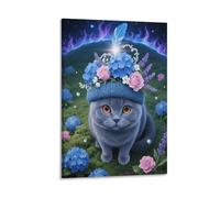 British Blue Cat Canvas Wall Art Flower Hat Print On Canvas Artwork for Living Room Office Decor Gift 16x24inch(40x60cm)