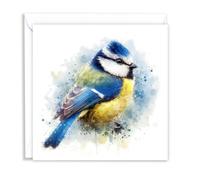 British Blue Tit Wild Birds Watercolour Splash Effect Artistic Blank Greeting Card