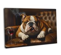 British Bulldog Smoking A Cigar Canvas Wall Art Print Framed Cute Yorkie Pet Portrait Painting Funny Dog Picture (76x51cm / 30x20inch)
