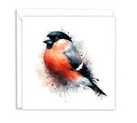 British Bullfinch Wild Birds Watercolour Splash Effect Artistic Blank Greeting Card