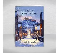 British Castle Christmas Card for Girlfriend, Partner - Snowy Scottish City Street Scene Inspired by Edinburgh Castle, A5 Deluxe Card with a Special Verse Inside: Girlfriend Christmas Card