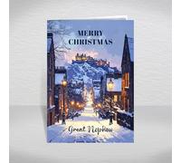 British Castle Christmas Card for Great Nephew - Snowy Scottish City Street Scene Inspired by Edinburgh Castle, A5 Deluxe Card with a Special Verse Inside: Great Nephew Christmas Card