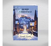 British Castle Christmas Card for Great Niece - Snowy Scottish City Street Scene Inspired by Edinburgh Castle, A5 Deluxe Card with a Special Verse Inside: Great Niece Christmas Card