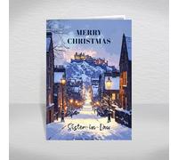 British Castle Christmas Card for Sister-in-Law - Snowy Scottish City Street Scene Inspired by Edinburgh Castle, A5 Deluxe Card with a Special Verse Inside: Sister-in-Law Christmas Card