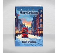 British City Street Christmas Card for Great Grandson - London Red Bus & Festive Lights, A5 Contemporary Greeting Card with Special Verse: Great Grandson Christmas Card