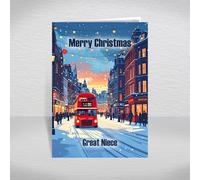 British City Street Christmas Card for Great Niece - London Red Bus & Festive Lights, A5 Contemporary Greeting Card with Special Verse: Great Niece Christmas Card