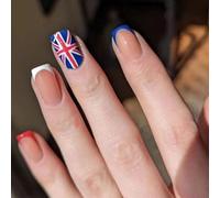 British Coronation Day French Press on Nails Short Square Fake Nails Red Blue and White False Nails with French Tips Design Stick on Nails for Women Girls Manicure Decoration 24 Pcs