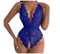 British Elegance Lace Teddy Bodysuit | Deep V-Neck Adjustable Backless Lingerie | Floral Mesh Babydoll for Brides, Valentine's Date Nights | Stretchy Comfort Fit Blue