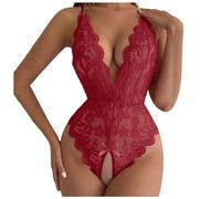 British Elegance Lace Teddy Bodysuit | Deep V-Neck Adjustable Backless Lingerie | Floral Mesh Babydoll for Brides, Valentine's Date Nights | Stretchy Comfort Fit Wine