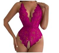 British Elegance Lace Teddy Bodysuit | Deep V-Neck Adjustable Backless Lingerie | Floral Mesh Babydoll for Brides, Valentine's Date Nights | Stretchy Comfort Fit Hot Pink