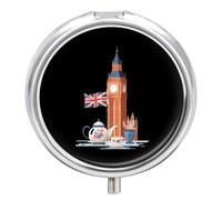 British Flag Big Ben Teapot Small Pill Organizer with 3 Compartments Travel Medicine Case Portable Round Vitamin Storage Box