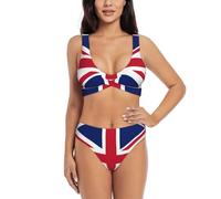 British Flag Print Bikini Two Piece Swimwear for Women, Criss Cross Bathing Suits Split Push-Up Design, Black, XXL