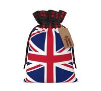 British Flag Print Festive Plaid Gift Bag, Candy Bag, Drawstring Burlap Pouch For Holiday Presents Favor-M