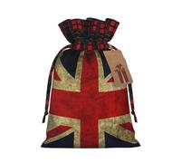 British Flag Print Festive Plaid Gift Bag, Candy Bag, Drawstring Burlap Pouch For Holiday Presents Favor-M