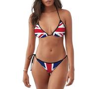 British Flag Print Two Piece Thong Bikini Sets for Women,Halter Bikini with Adjustable Straps Black