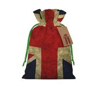 British Flag Printed Christmas Drawstring Bags with Green Christmas Ribbon - Reusable Burlap Drawstring Gift Pouches, S