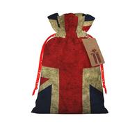 British Flag Printed Christmas Drawstring Bags with Red Christmas Ribbon - Reusable Burlap Drawstring Gift Pouches, S