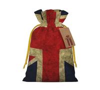 British Flag Printed Christmas Drawstring Bags with Yellow Christmas Ribbon - Reusable Burlap Drawstring Gift Pouches, S