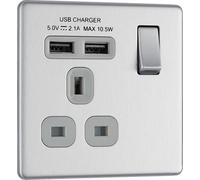 British General Bg Electrical Fbs21U2G Nexus Screwless Flat-Plate Single Switched Plug Socket Brushed Steel Grey Insert 2 Usb 2.1A