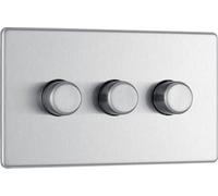 British General Bg Electrical Fbs83 Nexus Flatplate Screwless Brushed Steel 3 Gang 200W 2 Way Trailing-Edge Push Dimmer Switch