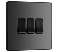 British General Triple Wall Light Switch Evolve 20A 16AX 2-Way Screwless Black Chrome PCDBC43B