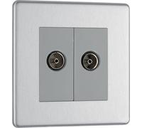 British General Bg Fbs61 Flatplate Screwless Co-Axial Socket, 2 Gang, Brushed Steel - Grey Insert