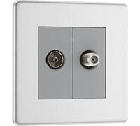British General Bg Fbs65 Flatplate Screwless Satellite And Co-Axial Socket, 2 Gang, Brushed Steel - Grey Insert