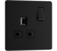BG Electrical Single Switched Power Plug Wall Socket, Screwless Front Plate, Slim Profile, Premium Flatplate, Matt Black, 13A, FFB21B