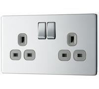 British General Bg Fpc22G Nexus Screwless Flat-Plate Double Switched Plug Socket Polished Chrome Grey Inserts, 13A