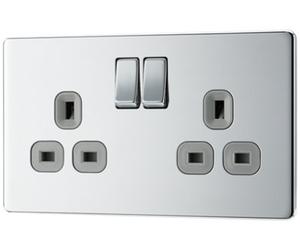 British General Bg Fpc22G Nexus Screwless Flat-Plate Double Switched Plug Socket Polished Chrome Grey Inserts, 13A