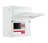 British General Bg Metal Consumer Unit 6 Module, 4 Way Unpopulated With 100A Main Switch, 2 X Cover Blanks With Up Opening Front Cover