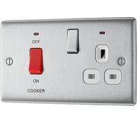 British General Bg Nbs70W Nexus Metal Brushed Steel 45A 2 Pole Cooker Switch 13A Neon Switched Socket - White Insert