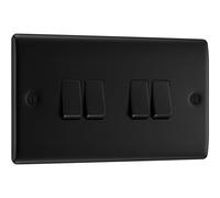 BG Electrical Quadruple Wall Light Switch, 2 Way, Raised and Slim Profile, Round Edges, Nexus Metal, Matt Black, 20A, 16AX, NFB44