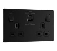 British General Bg Screwless Flatplate Matt Black, 13A Double Switched Socket With Usb A + C 45W, Black Inserts