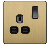 British General Brass Effect Single 13A Gold Switched Socket & Black Inserts