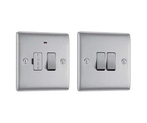 British General Brushed Steel 13 Amp Switched Fused Connection Unit with Power Indicator & 2-Way Double Light Switch, Silver, Rocker, Manual, Stainless Steel Contacts