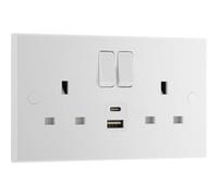 British General Double 13A 12W Raised Square Switched Screwed Socket With Usb, 2A X2