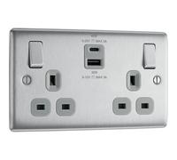 British General Double 13A 45W Raised Slim Profile, Switched Screwed Grey Inserts Socket With Usb, 5.4A X2