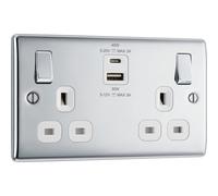 British General Double 13A 45W Raised Slim Profile, Switched Screwed White Inserts Socket With Usb, 5.4A X2