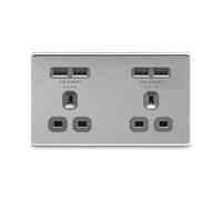 British General Electrical FBS24U44G Nexus Flatplate Screwless Brushed Steel 2 Gang 13A 4x USB-A 4.2A Unswitched Socket