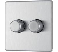 British General Electrical FBS82 Nexus Flatplate Screwless Brushed Steel 2 Gang 200W 2 Way Trailing-Edge Push Dimmer